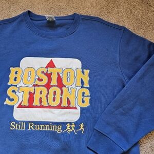 Boston Strong “Still Running” Blue Crewneck Emboidered Sweatshirt Size L